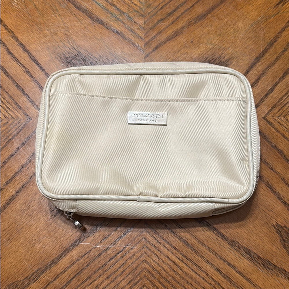 Bulgari Cream and Silver Toiletry Bag with Structured Design